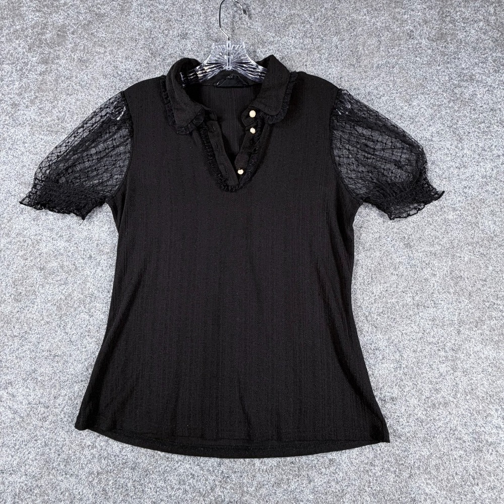 Sweet Wanderer Shirt Womens Medium Black Lace Sleeve Boutique Casual Trend